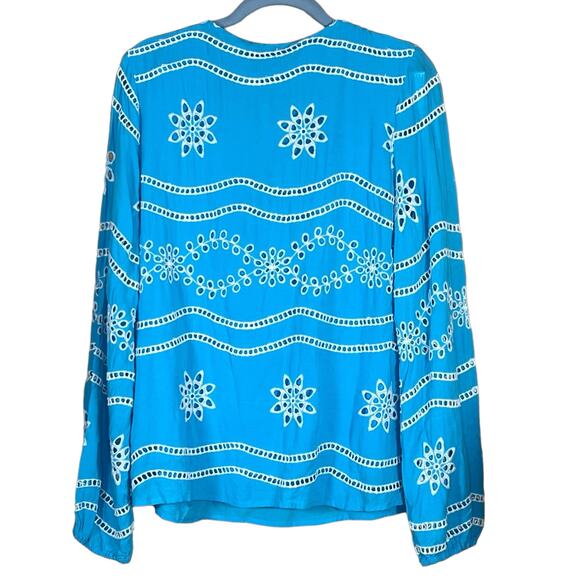 Boston Proper Women’s Turquoise & White Beaded Eyelet Blouse Medium - Picture 6 of 16